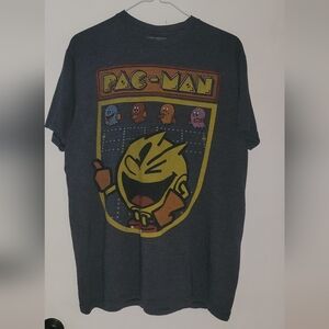 Pac-Man Shirt- Men's Sz. Large T-Shirt- Dark Gray Graphic Print, Short Sleeve.
